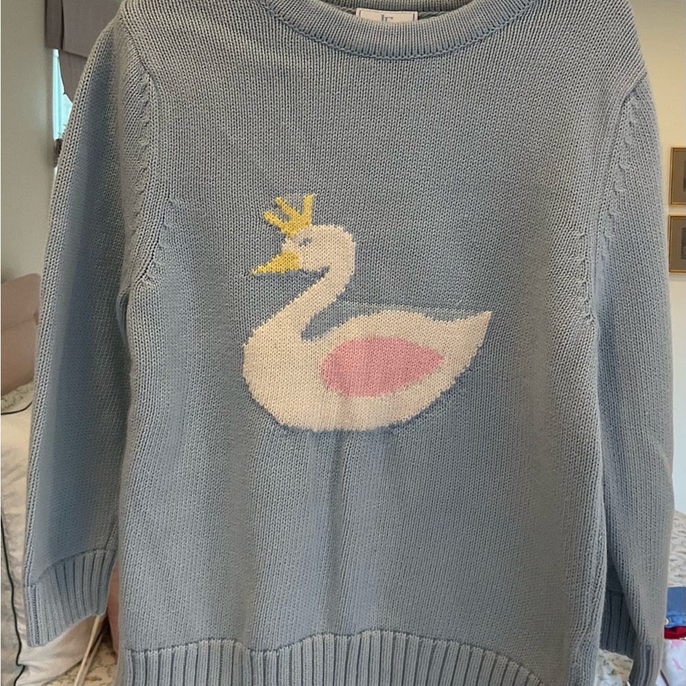 Little English Light Blue Sweater with Swan Graphic